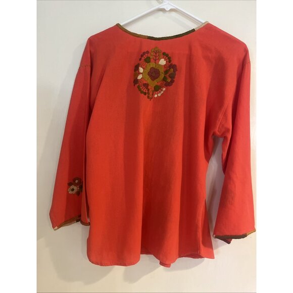 Coral Mexican Handmade Embroidered Blouse Sz M Long Sleeve Open Neck With Ties - Picture 5 of 9